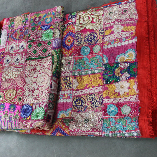 Pink Boho Indian Fabric By The Yard Patchwork Indian Textile Fabric Embellished Fabric Embroidered Upcycled Sewing Project Vintage Fabrics